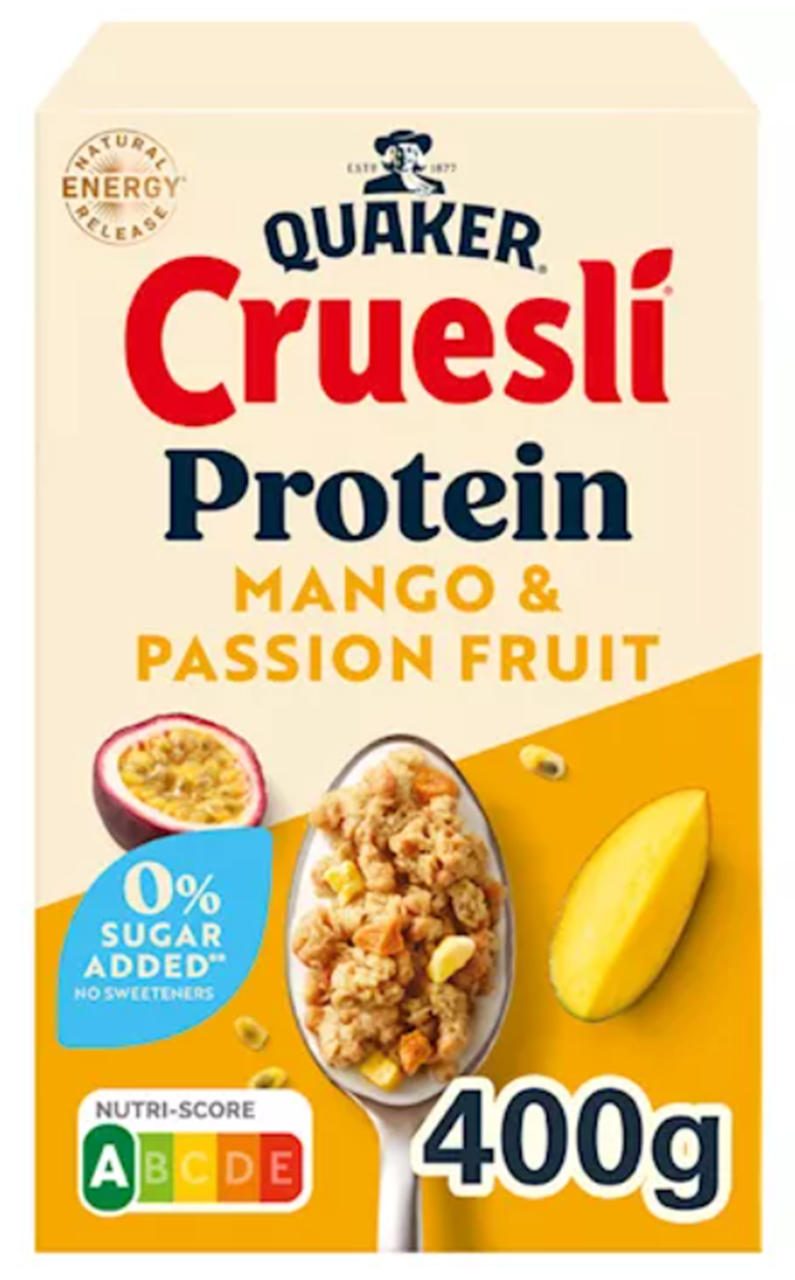 Quaker Cruesli Protein Mango & Passion Fruit pak 400gr